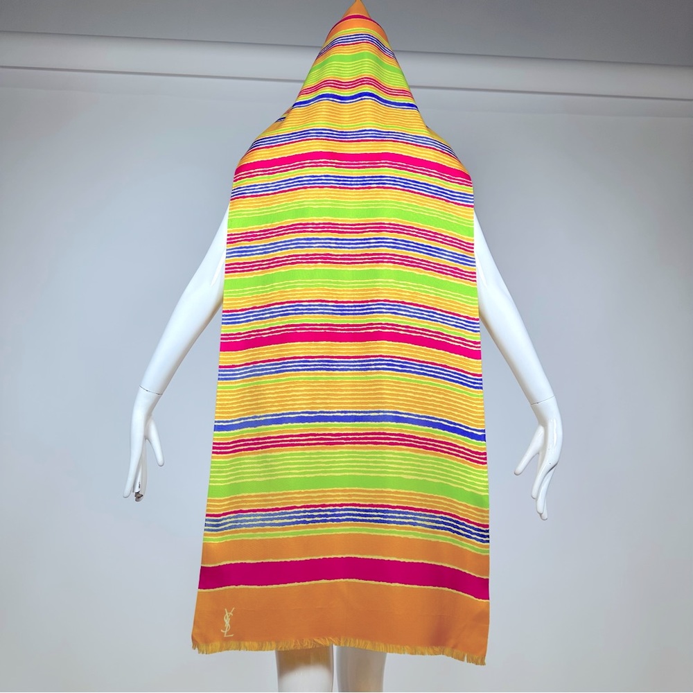 80’s YSL Silk Shawl Scarf Long Rectangular Multicolored Yellow Green 18" x 50"